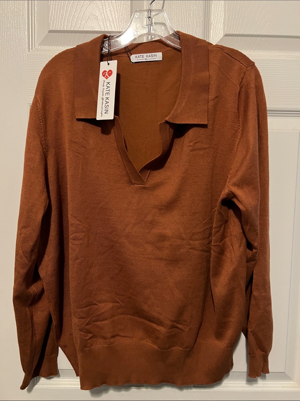 Kate Kasin Women's Rust Collared V-Neck Sweater 2XL